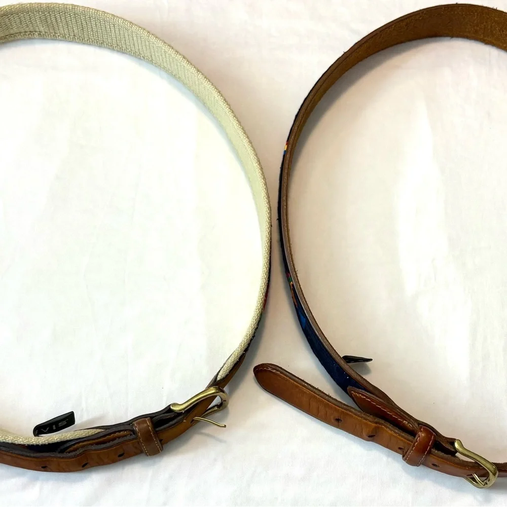 Orvis Brown Leather & Navy Embroidered Fish Belts BUNDLE OF 2 TOTAL